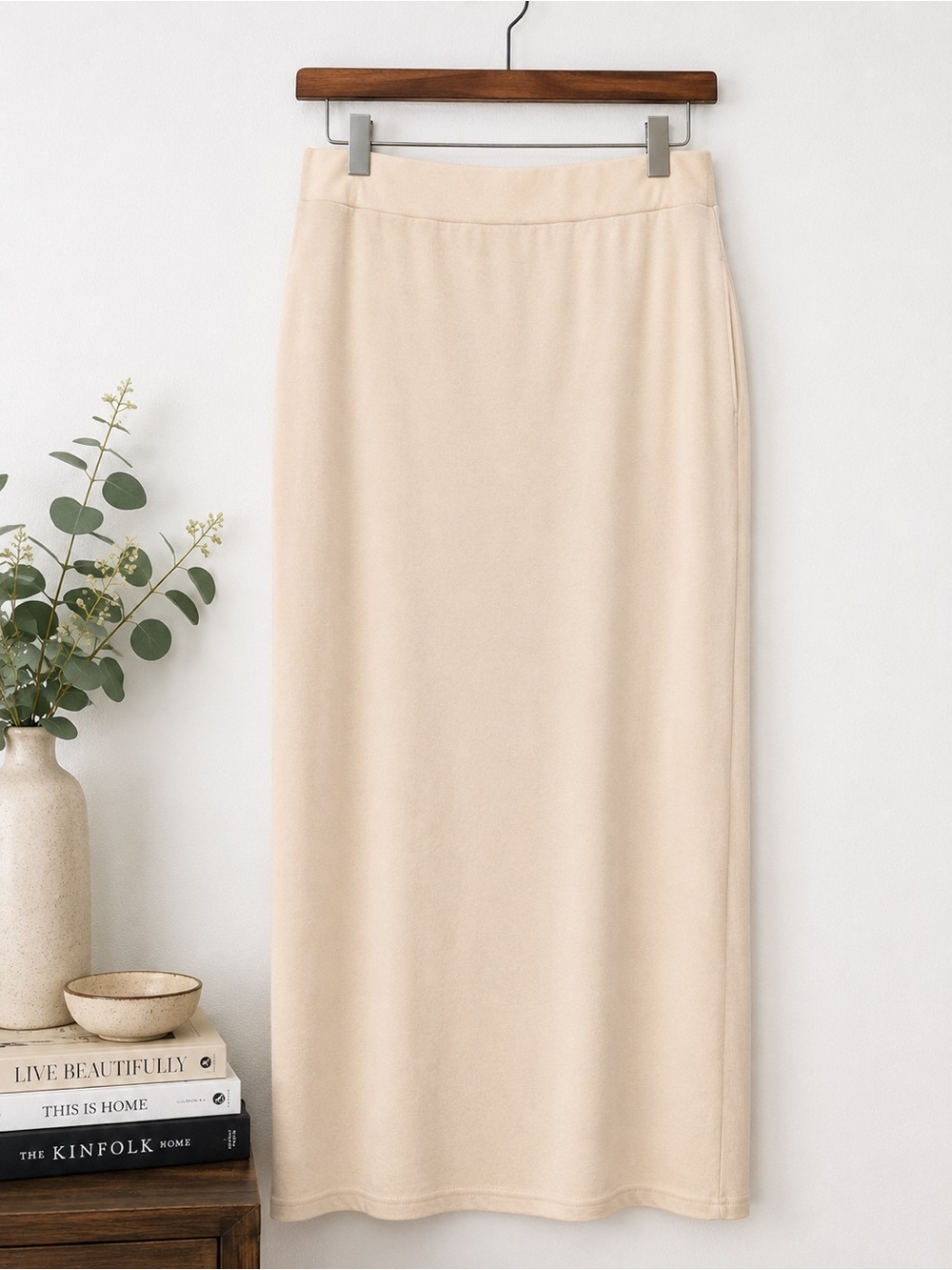 Cream Stretch Knit Long Column Skirt XL Modest Minimalist
